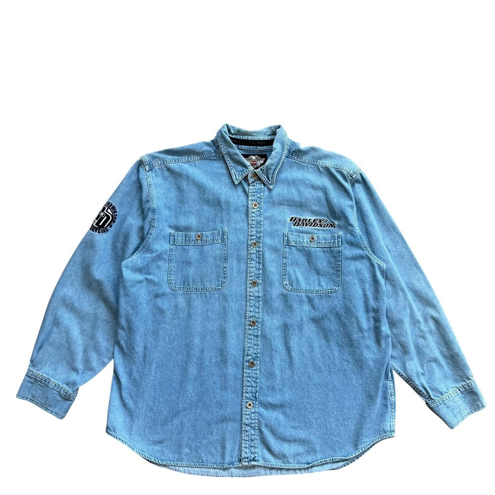 Harley Davidson Mens 2XL Blue Denim Long Sleeve Button Down Shirt Embroidered